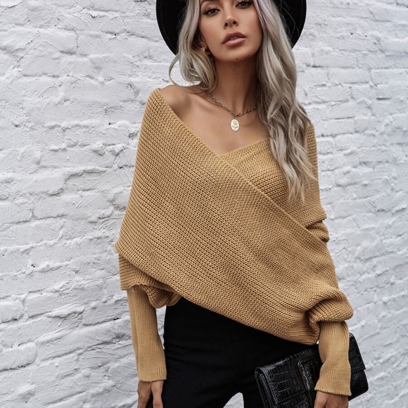 Camel Off Shoulder Knit Wrap Sweater 